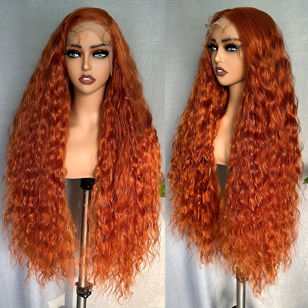 Peruca de * frontal * de 13x6, 34 polegadas, ondas de * sintética de cor  laranja * para um visual * elegante * os dias, image size:1000x1000
