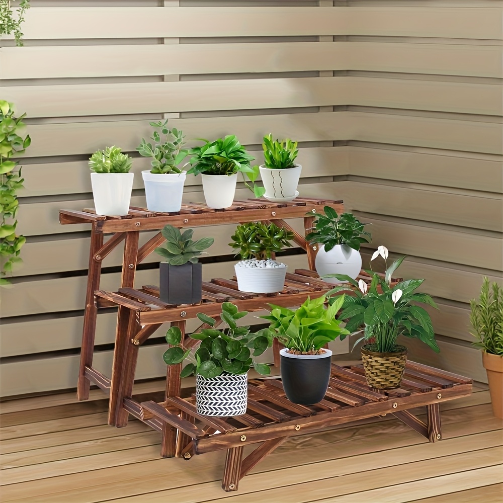 Collection Of 3 Carbonized Wooden Plant Stands For Flower Pots, Suitable For Garden Display, Outdoors And Indoors, In Patios Or Yards