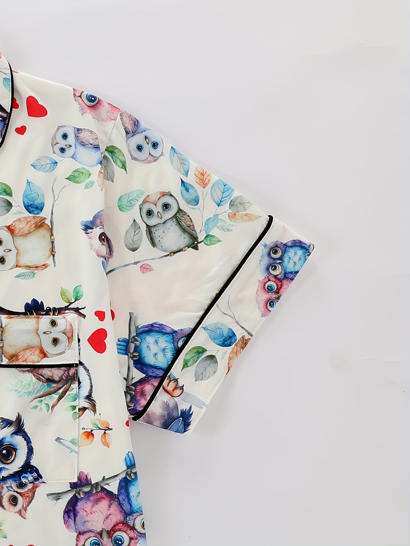 two piece pajama set with collared short sleeve open front shirt and loose elastic shorts   print pattern   wearable casual   womens sleepwear and loungewear outfit polyester fabric Product details 3