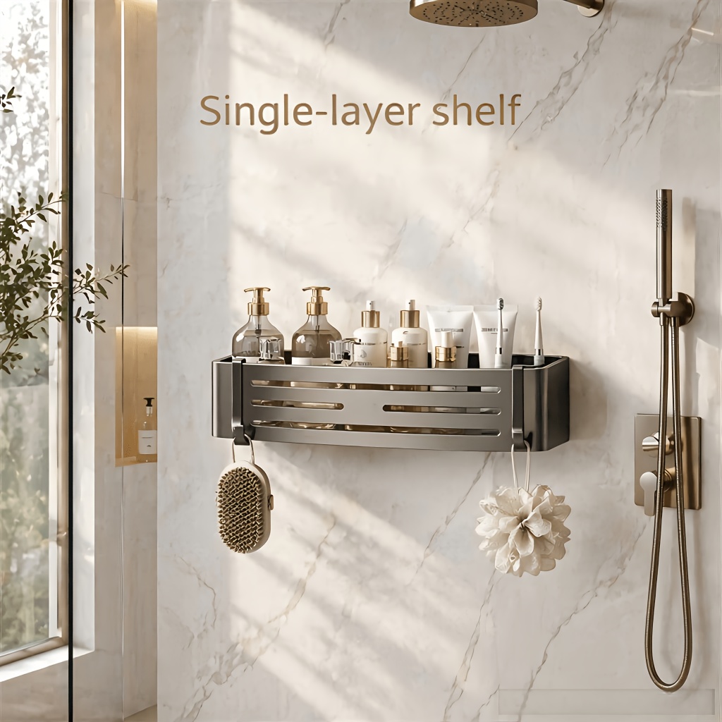 Image of Stainless Steel Bathroom Shower Caddy Shelf, No-drill Wall Mount Bathroom Organizer With Hooks, Rustproof Shower Storage Rack For Toiletries Shampoo Conditioner, Bathroom Trays