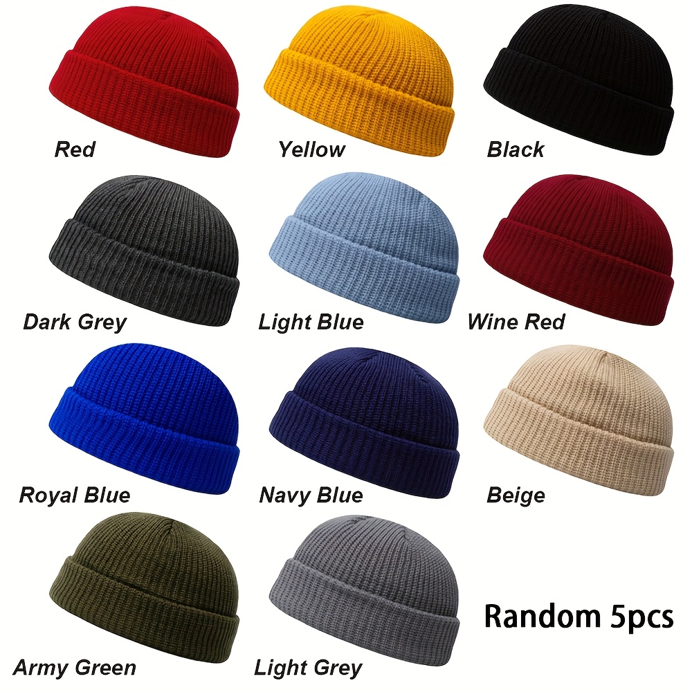 TEMU 5pcs Unisex Winter Warm Knit Skull Beanie, Acrylic Polyester , Solid Color, Stretchable Ribbed Design, Warm Knitted Hat With For Men And Women