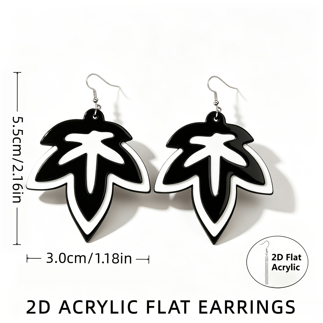 Unique 2D Flat Black and White Leaf Outline Dangle Earrings