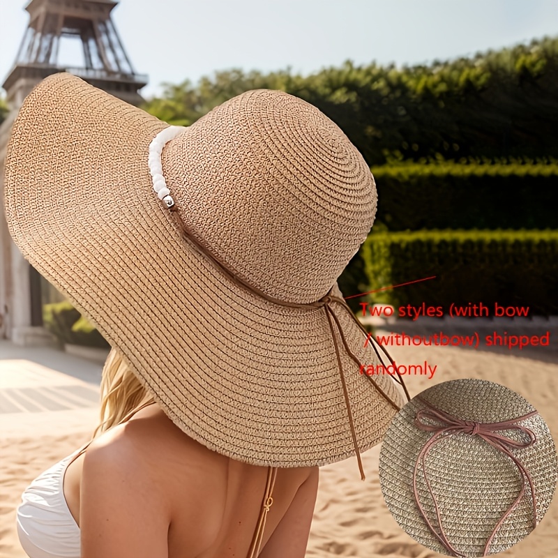 White Bead Embellished Wide Brim Sun Hat, Large Area Straw Hat For Outdoor Travel, Beach Vacation Essential Random