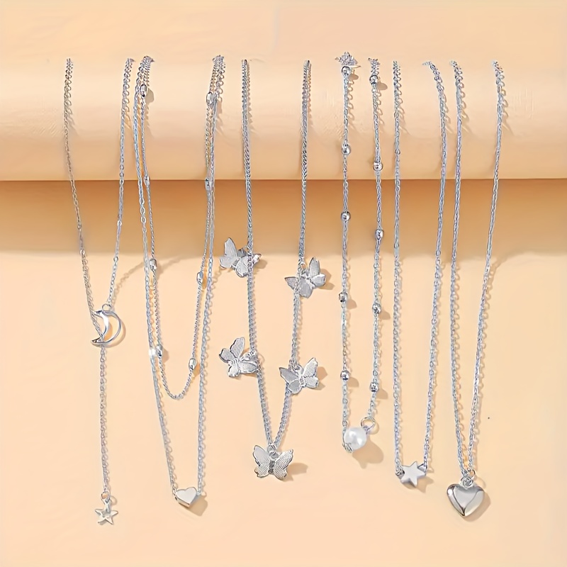 Image of 6pcs Bohemian Necklace Set, Including Stars, Moon, , Heart-shaped, , And Tassel For Dating And Casual Attire