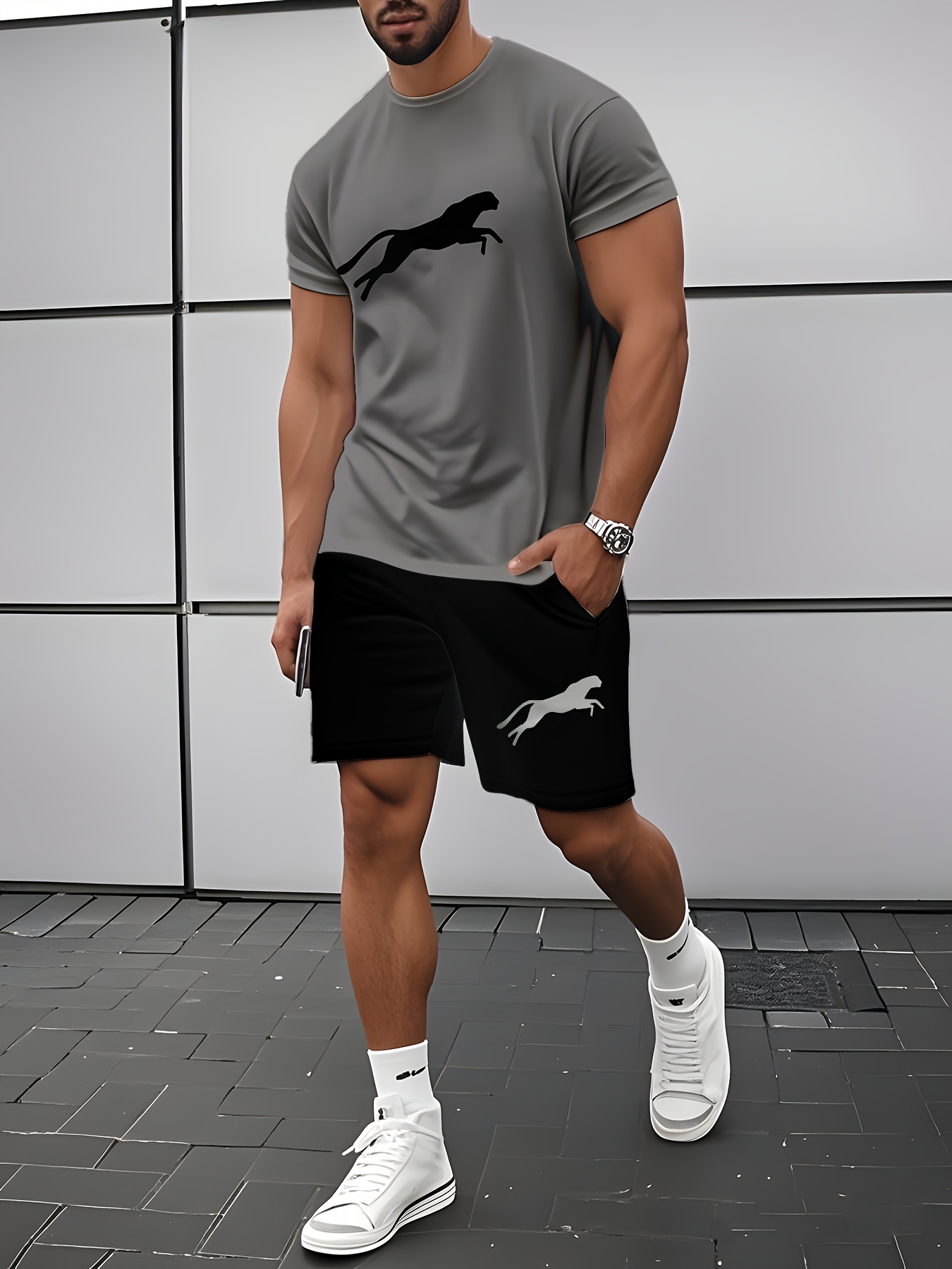 Leopard Print 3D Men's Casual Sportswear Set - Breathable Polyester Knit Fabric, Crew Neck Short Sleeve T-Shirt and Shorts Combo, Regular Fit for All Seasons