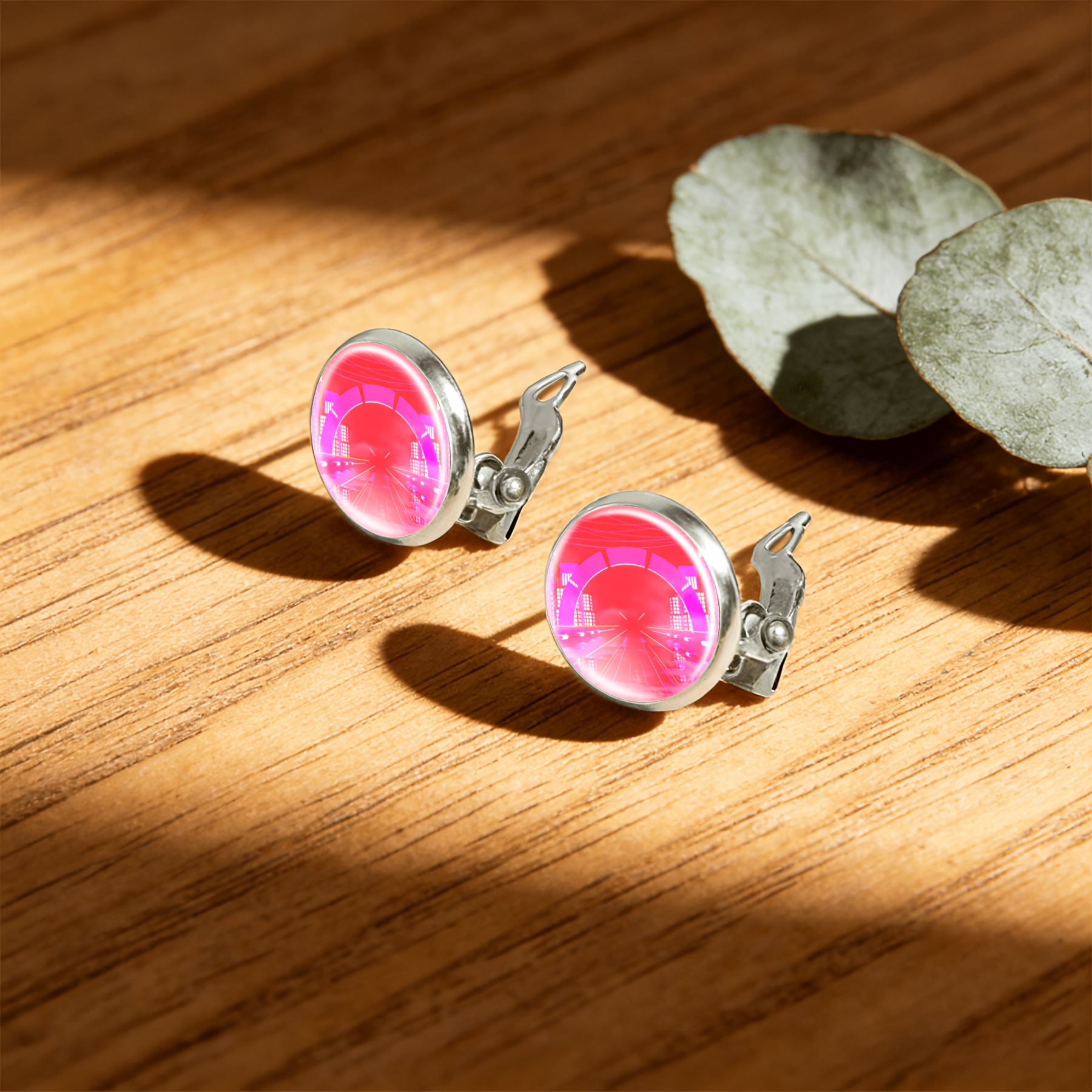 2pcs No-Piercing Round Glass Face Earrings Set, Neon Cityscape