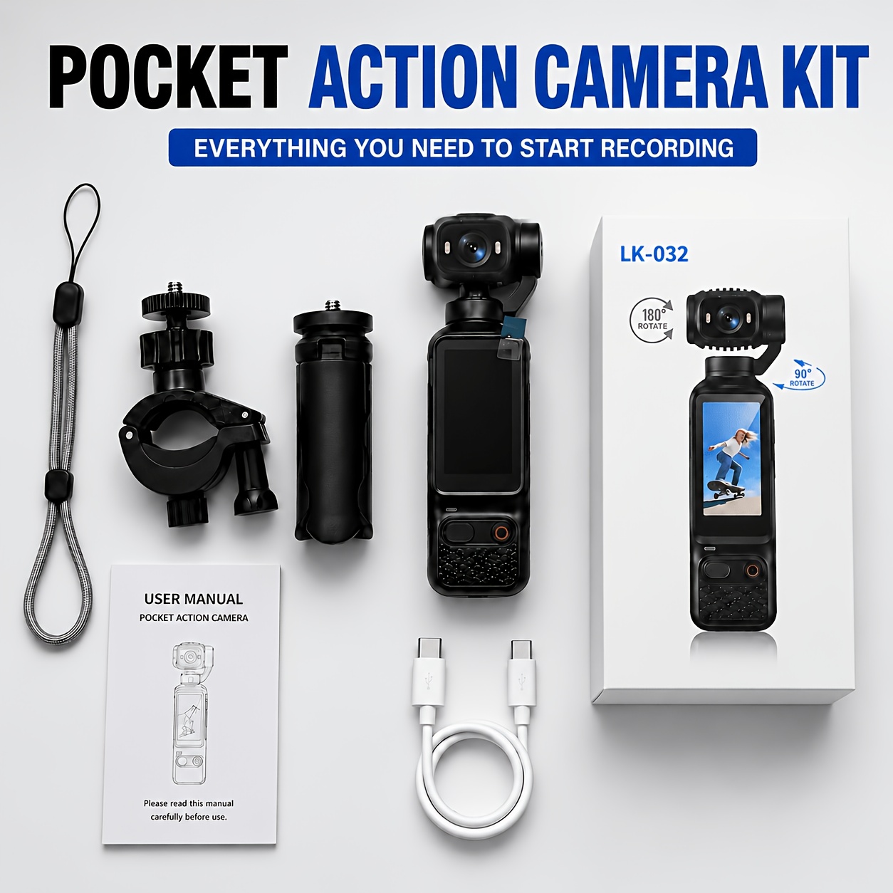 TEMU Caméra Portable 4K avec Autonomie de 1800mAh, Rechargeable, Caméra Vlog, Stabilisateur à Main Caméra de Sport de Poche à Cardan | Angle de 180°,