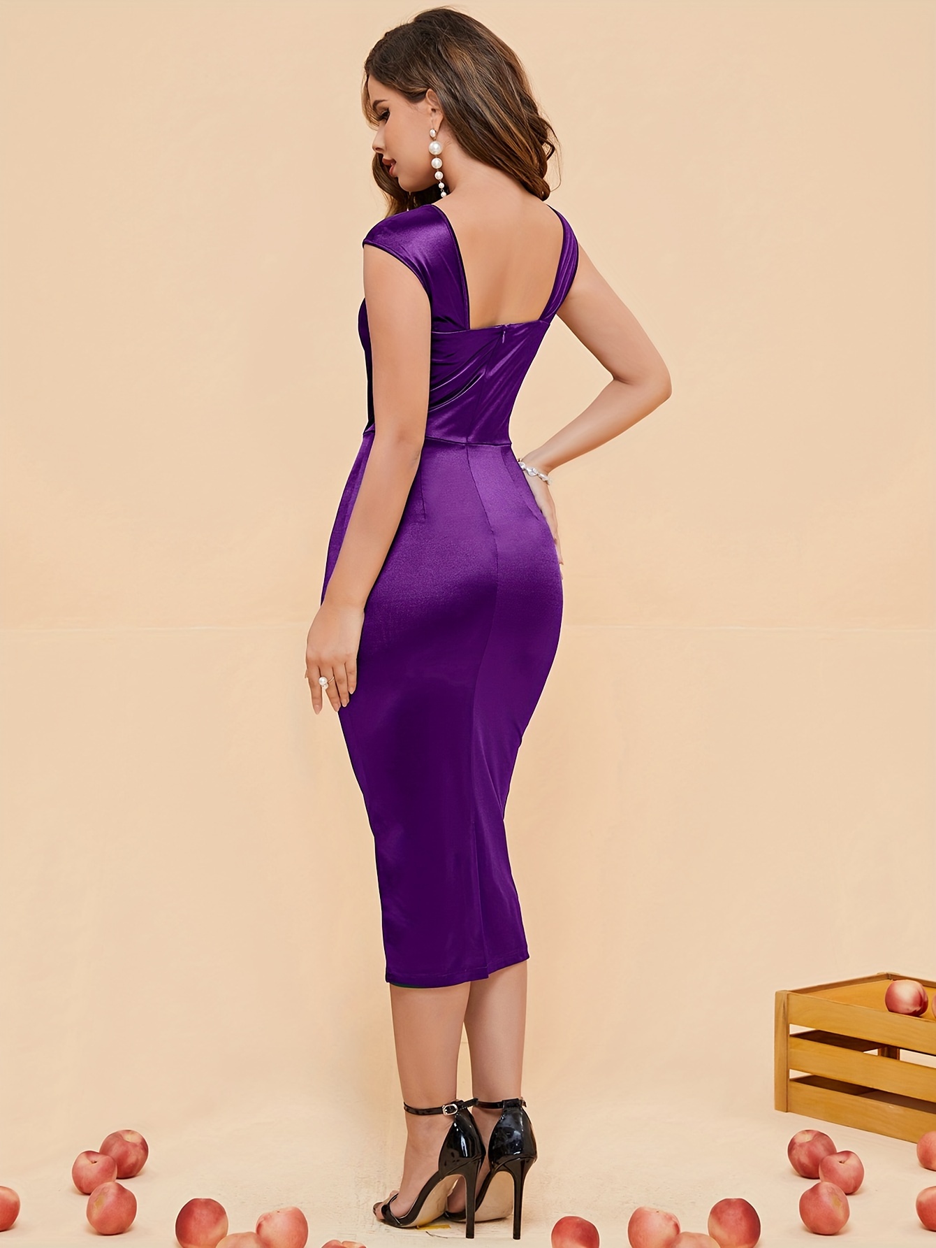 Vintage 1950s Burgundy Satin-like Pencil Dress 1950s Style A-Line  *-Length Cocktail Dress with Cross-Back Neckline, Sleeveless Fitted