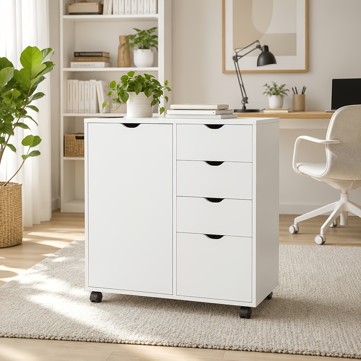 Image of 70cm Storage Cabinet With 1 Door And 4 Drawers, Large Capacity Wooden File Organizer Cabinet With Wheels For Home Office, Study Room And Office Supplies