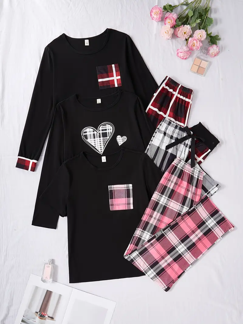 womens piece set wear heart print pockets long sleeve short sleeve top pants pajama set Product details 0