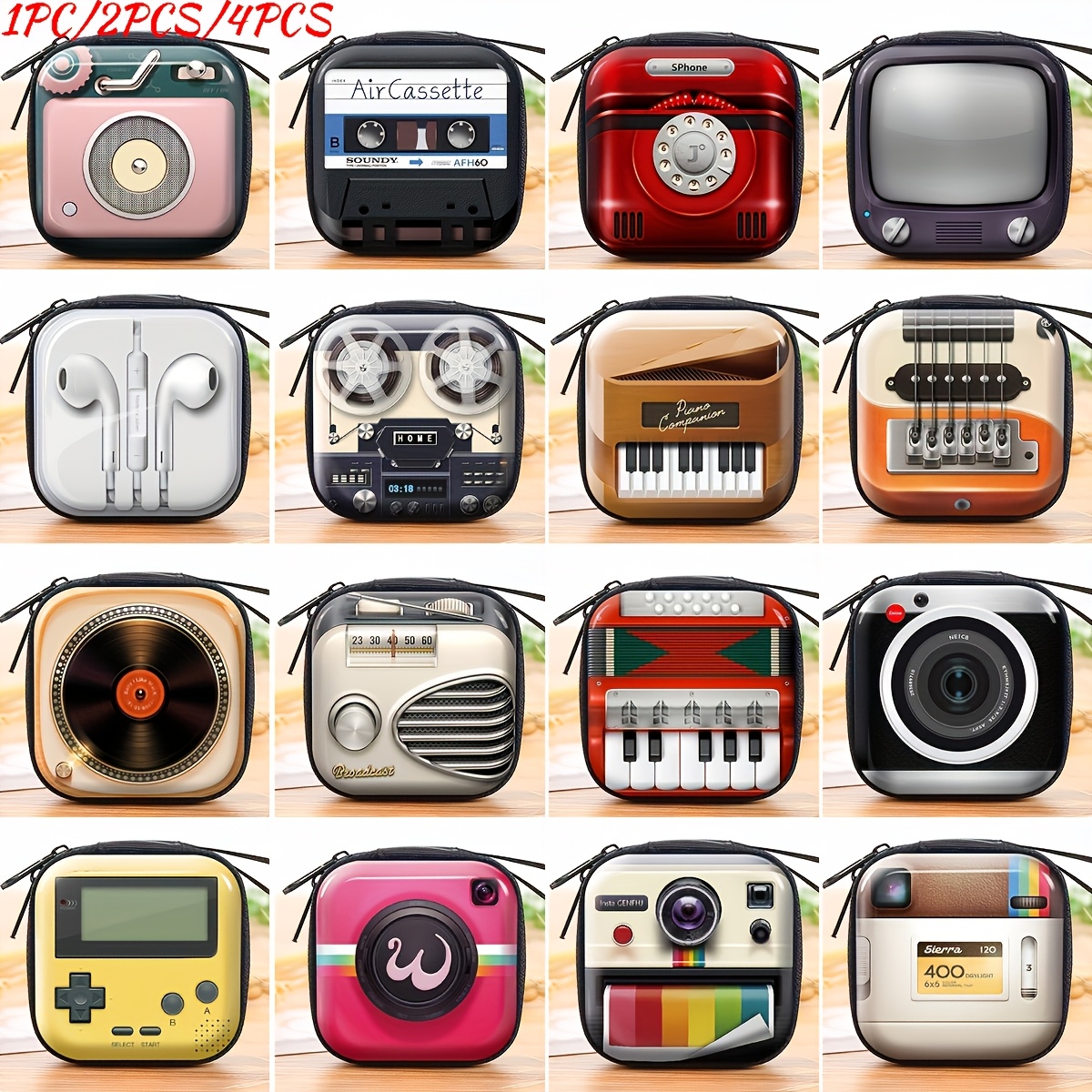 Tape Recorder Pattern Coin Purse, Mini Key Case, Retro Earphone Storage Bag for Boys And Girls