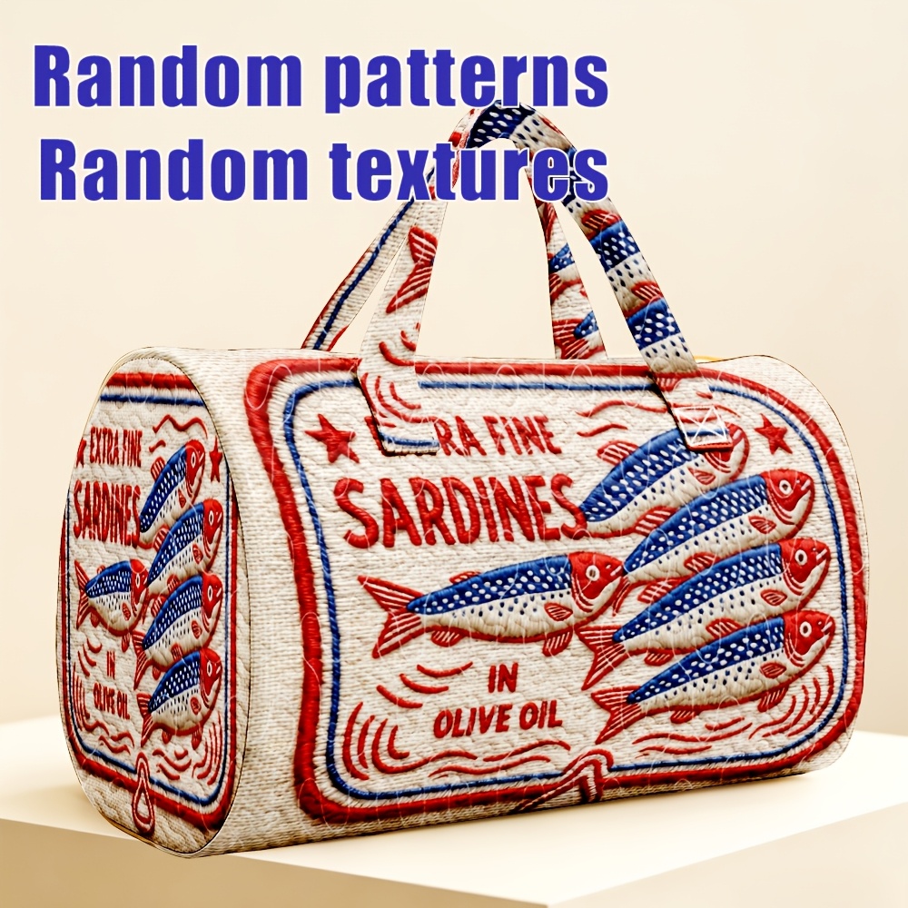 TEMU 1pc Natural Sardine Fish Label Woven Cylinder Travel Tote Bag With Handles Retro For Ladies Halloween Thanksgiving Christmas Gift