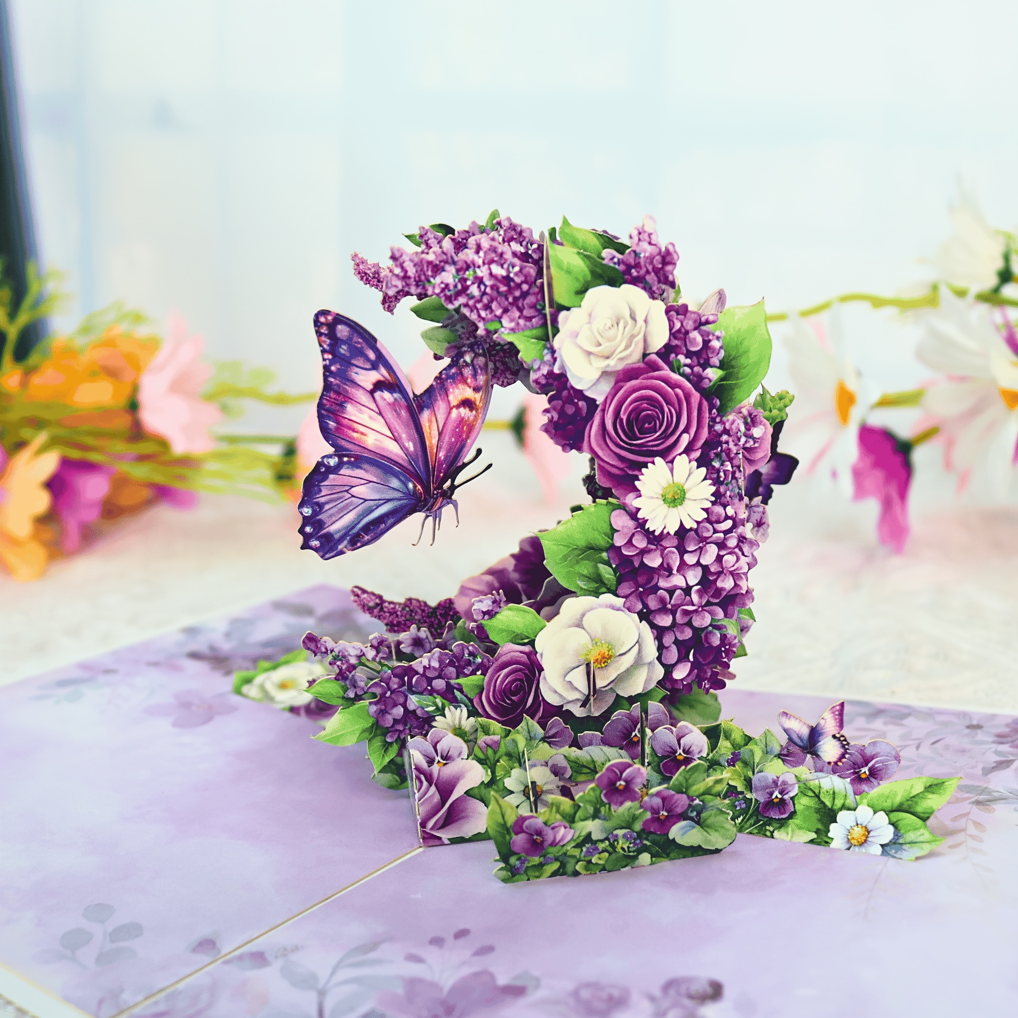 E-shop 1 Stück Elegante Lila Schmetterling & Blumenmond 3D Pop-Up Karte - Handgefertigte Papier-Einladung für Geburtstage, Jubiläen, Hochzeiten,