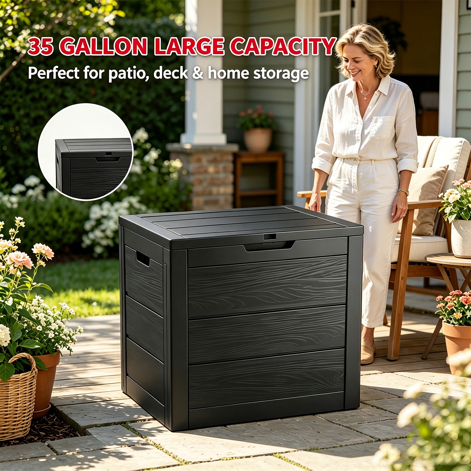 35/70/75 Gallon Large Deck Box, Deck Box Outdoor Storage Boxes, Outdoor Storage Organizer with Lock Opening, Waterproof Outdoor Storage Box with Bottom Pulleys, for Patio Furniture, Box, Cabinet, Rack for Outdoor Storage