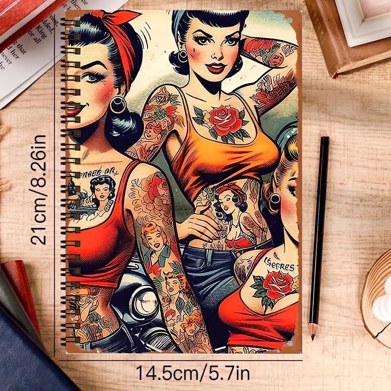 TEMU Carnet à spirale A5 Art Tatouage Vintage, Spirale Dorée 21x14,5 cm, Reliure à 24 trous, 50 Feuilles 100 Pages, Motif Style , pour Notes de