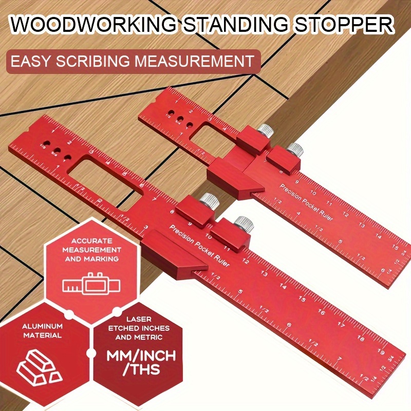 

1pc Precision Aluminum Alloy T-shaped Ruler - & Measuring Tool For Woodworking, Carpentry | Red With Laser Scale, Mm/ths Measurements, Metal Construction, Woodworking Tools