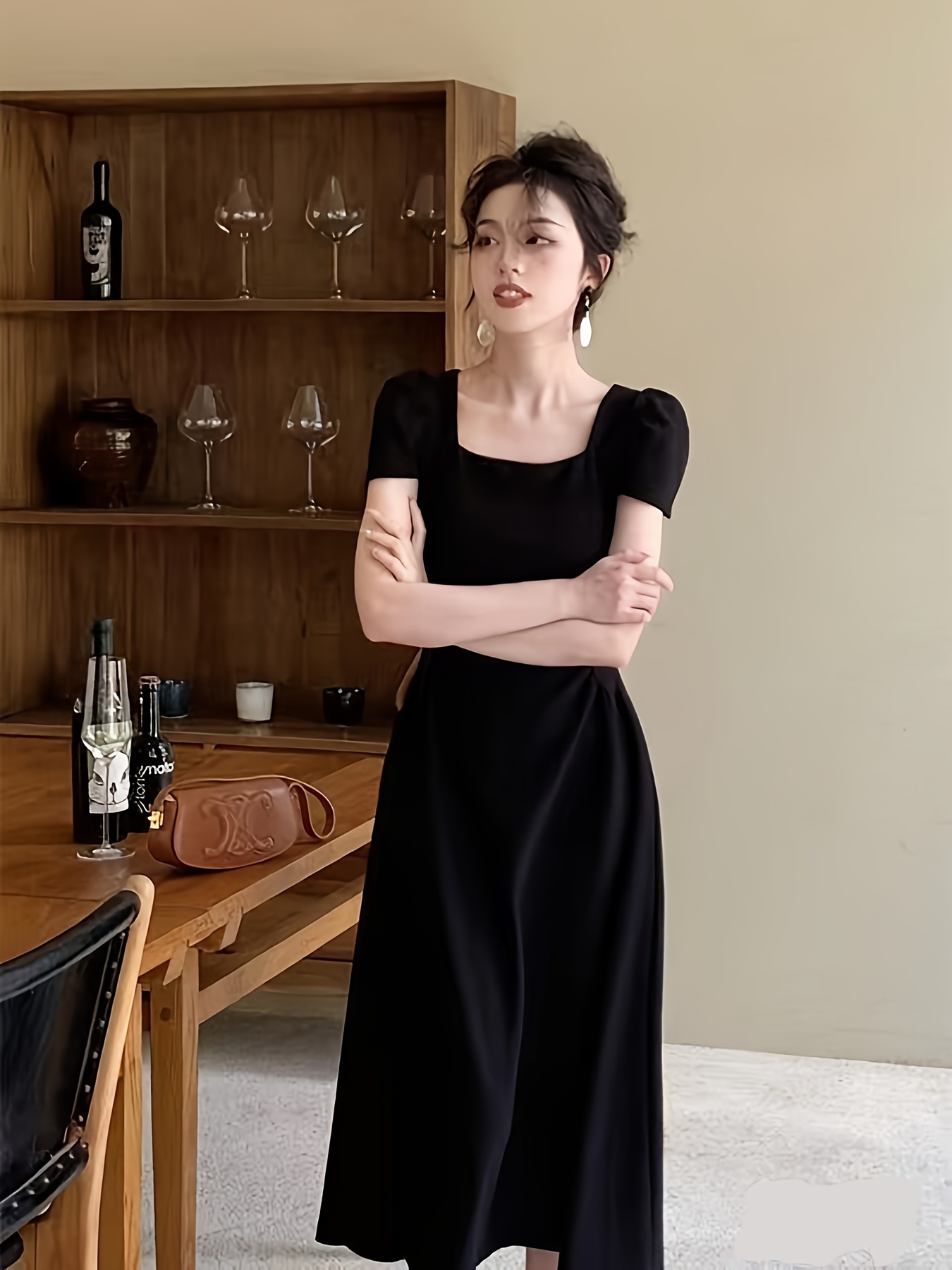 Women'* Neck Short Sleeve Dress with Ruched Detail Elastic Waistband  A-Line Flared Skirt, Solid Black, Machine Washable, Spring Summer Fall