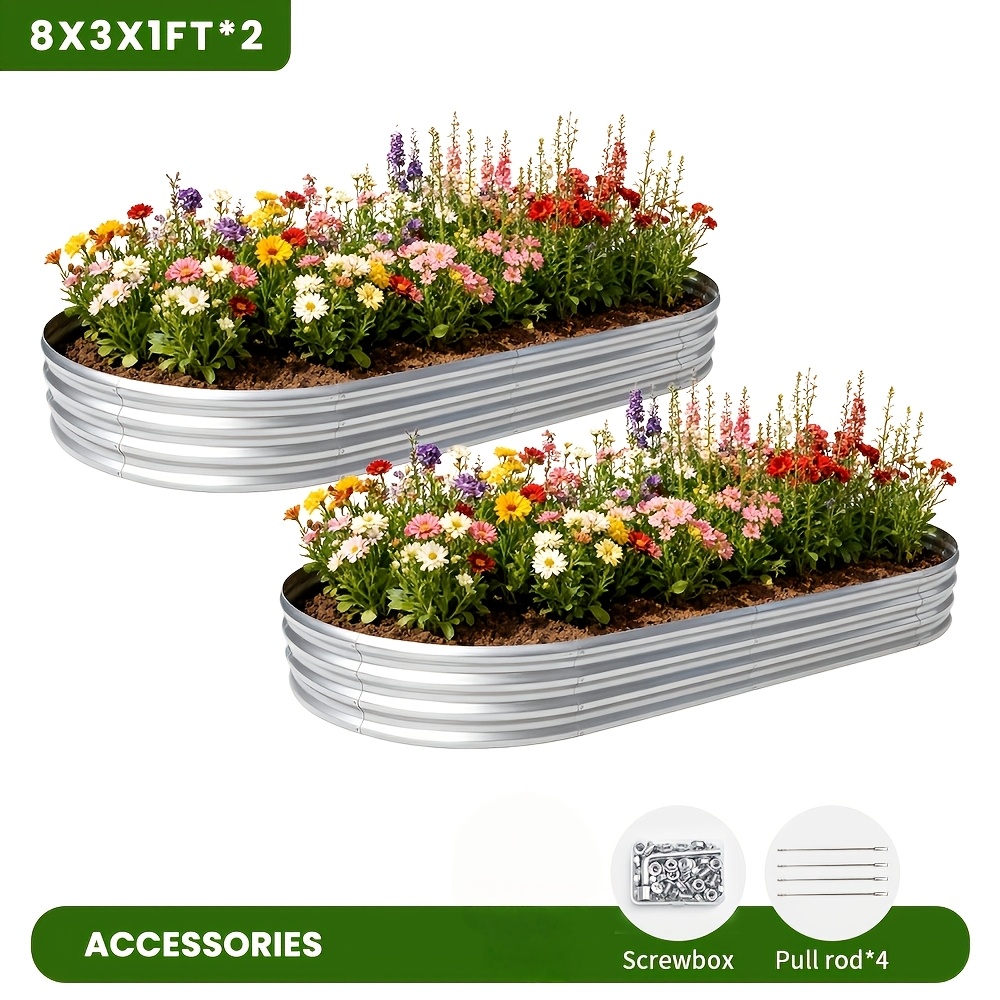 TEMU [Jardin surélevé galvanisé] 2 pièces - Bac de jardin métallique 8x3x1 pieds - Planteur ovale galvanisé pour fleurs, plantes, légumes et herbes -