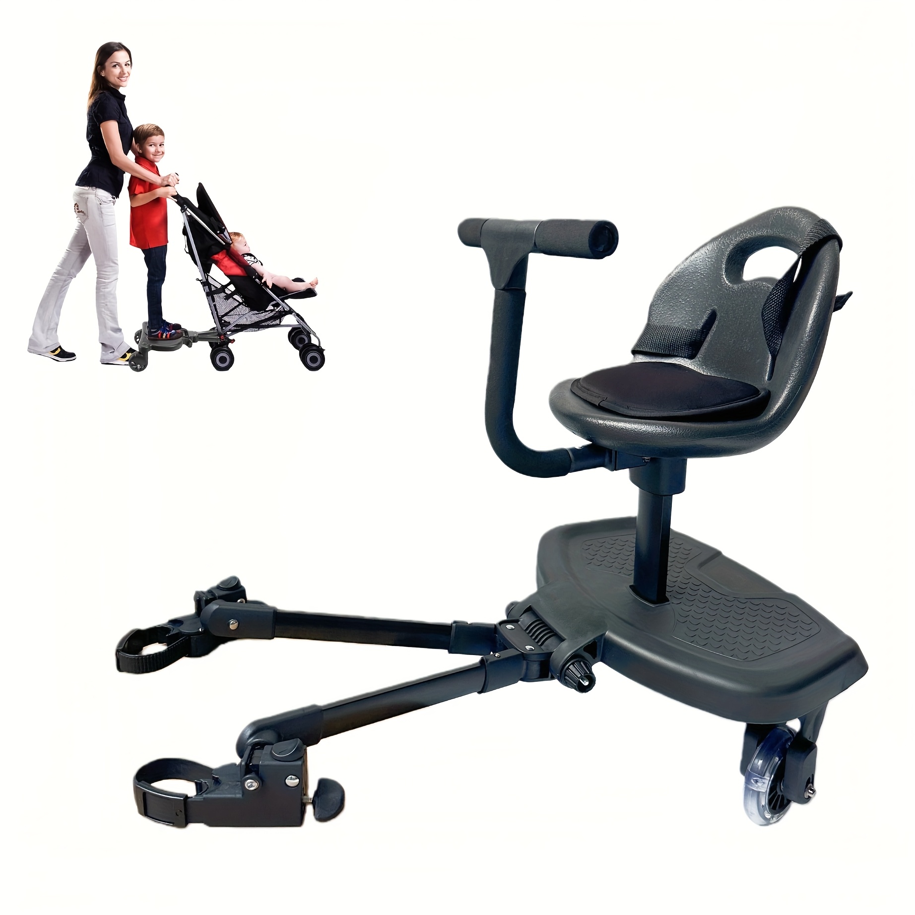 2 in 1 universal stroller board with removable seat sit or stand glider for toddlers compatible with most stroller brands 55 lbs weight capacity black