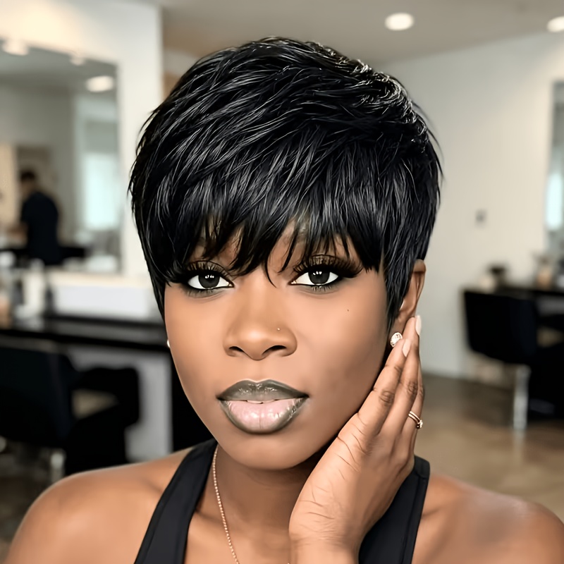 180% Density Brazilian Human Hair Wig For - Glueless Cut Bob Wig With Bangs, Natural Black Color Short Layered Straight Hair, Machine-made Natural Look Wig For African Women (no Adhesive Needed)