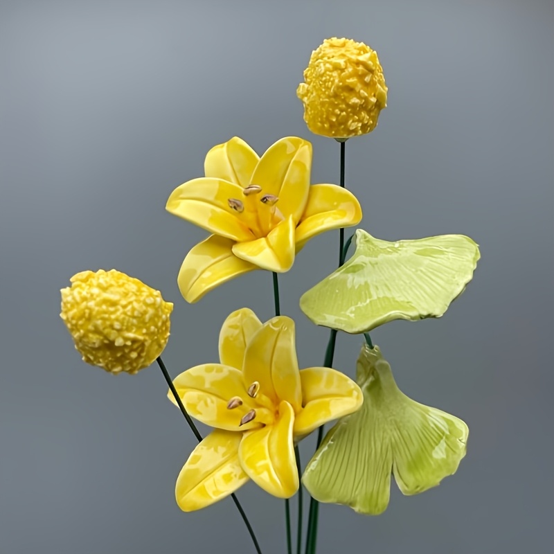 Image of 6pcs Set, Ceramic Lily Flowers With , "harvest" And "" Themes, Artificial Flowers, Ceramic Material, Never Withers, . Suitable For Family, Garden, Weddings, And Holiday Parties. Ceramic Flowers