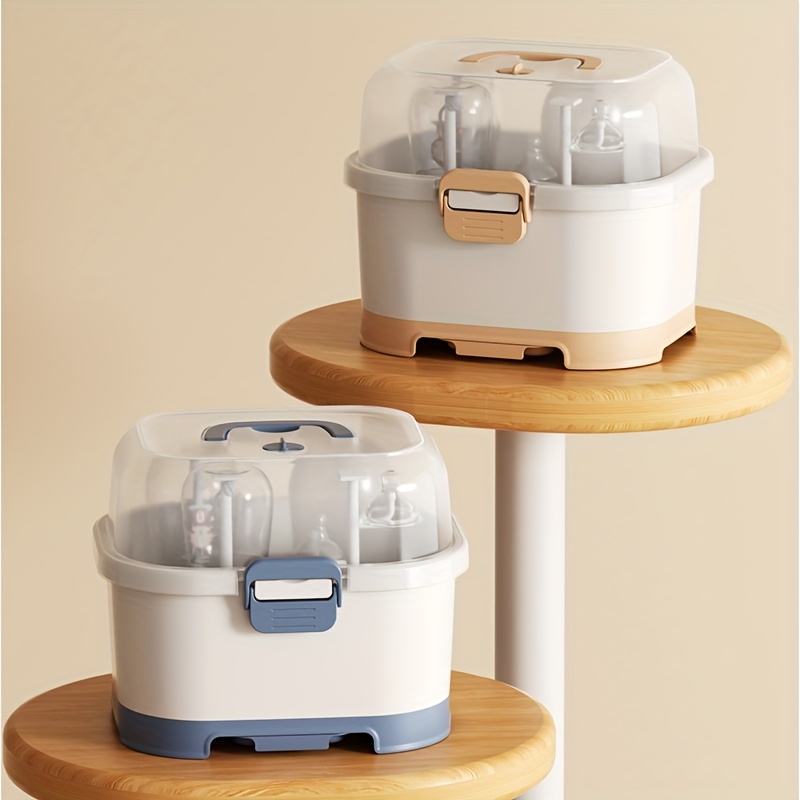 Portable Bottle Holder Organizer - Large Capacity Storage Box with Anti-Dust Cover, Cutlery Storage & Drying Rack, Ergonomic Handle for Home Kitchen, Travel, Outdoors, Bottle Storage, Durable Plastic Material
