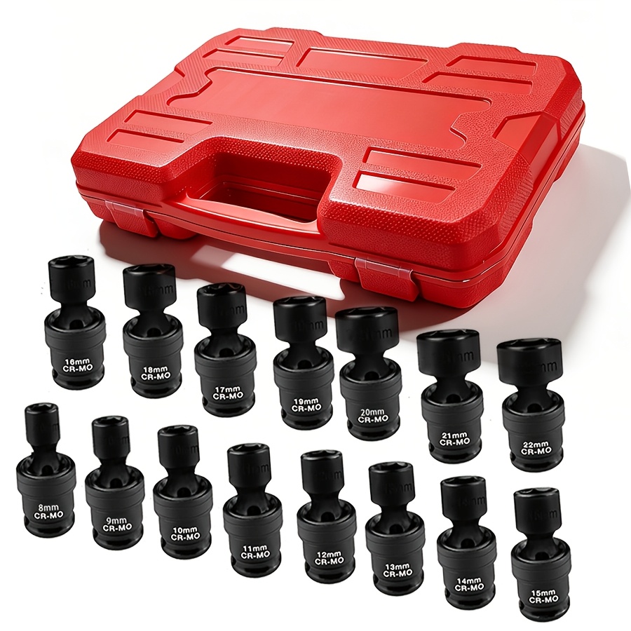 15pcs 3/8" Drive Shallow Universal Impact Socket Set, 6 Point, Swivel Socket Set, Metric Flexible Wobble Sockets, 8-22mm, Storage Case