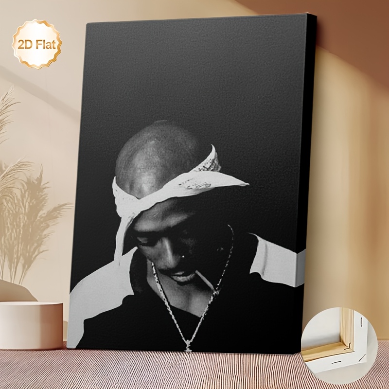 TEMU 2d Flat, 2d Flat, 2d Flat A Framed Canvas Artwork Featuring A Black And White Portrait Of A Man With A Bandana And Chain. It Serves As Wall