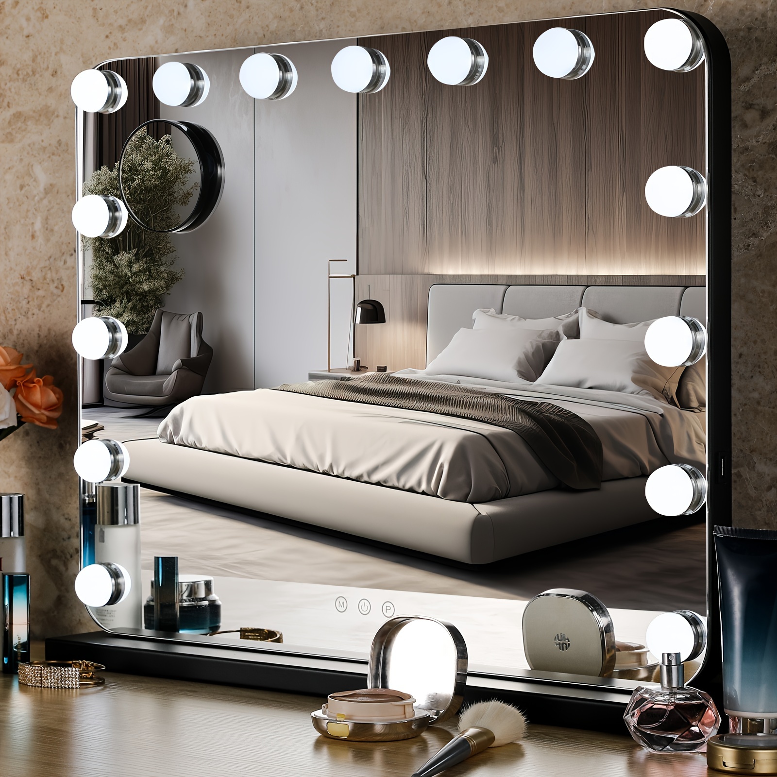 

Makeup Mirror, Illuminated, 58 X 46 Cm, 15 Dimmable Leds, Illuminated Large Mirror, 3 Color Temperatures, Touch Control Wall Mirror Or Bedroom Table Mirror, Black