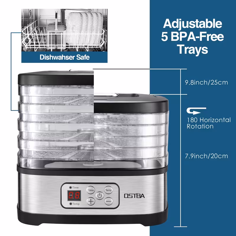 Electric Food Dehydrator - 5 Tray, Adjustable Temperature, 72-Hour Timer, LED Display, 240W, Includes Recipe Book