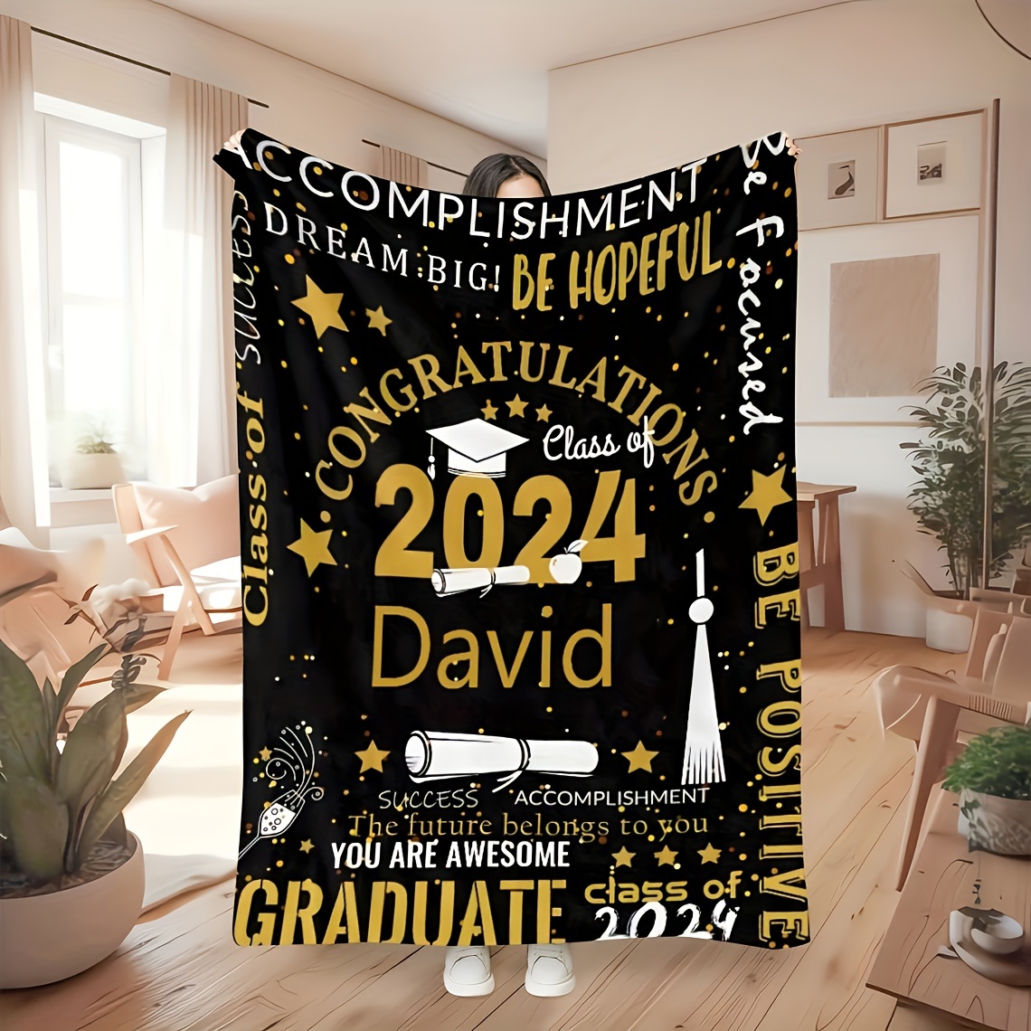 

1pc Custom Blanket Customize Your Name Personalized Graduation Blanket, Custom Name Text Graduation Blanket, Class 2024 Blanket, Customized Graduation Gifts For Her Him Soft Flannel Sofa Blanket