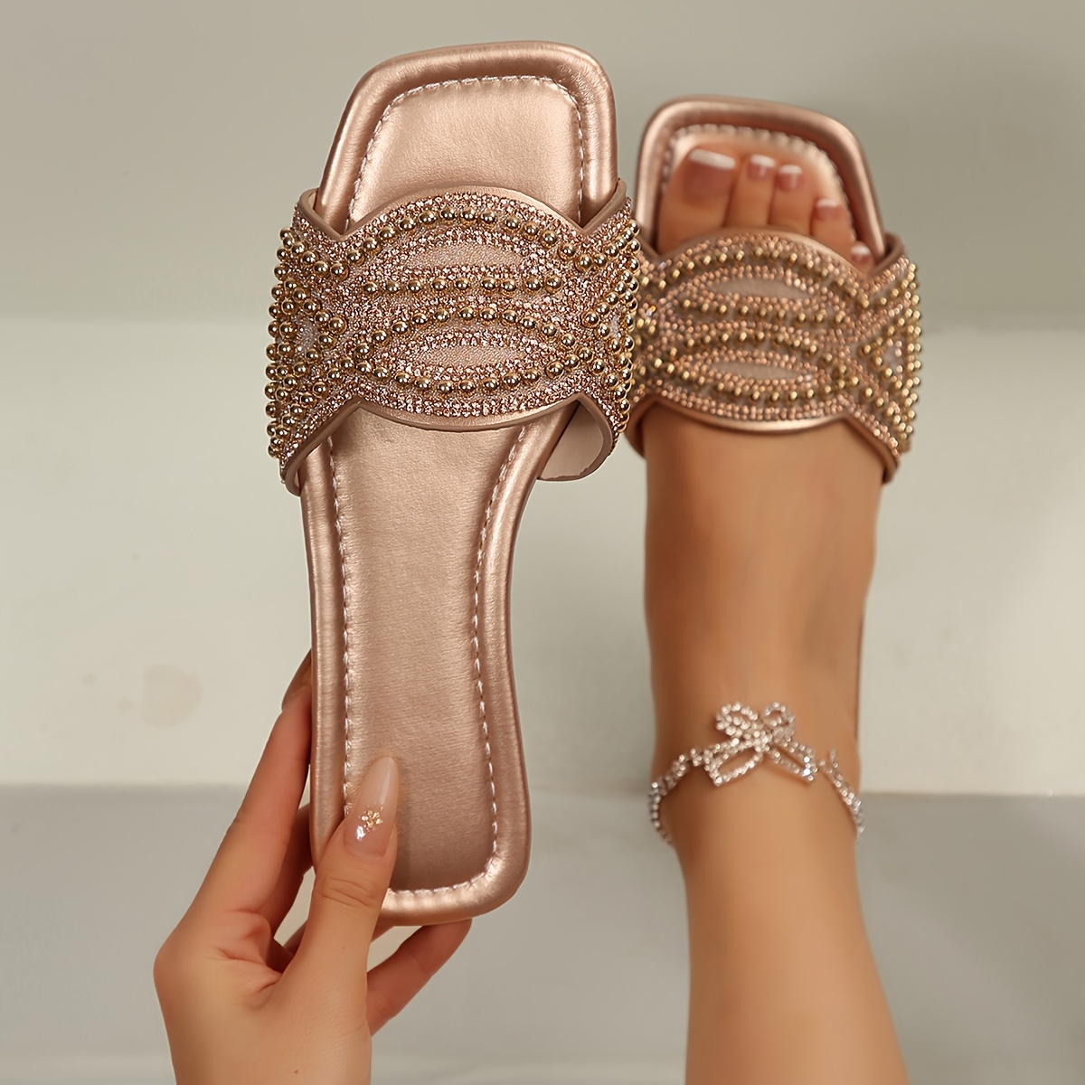 TEMU 2025 Classic Edition Rose Golden, Golden Rhinestone Women's Flat Slipper Sandals, Women Shoes