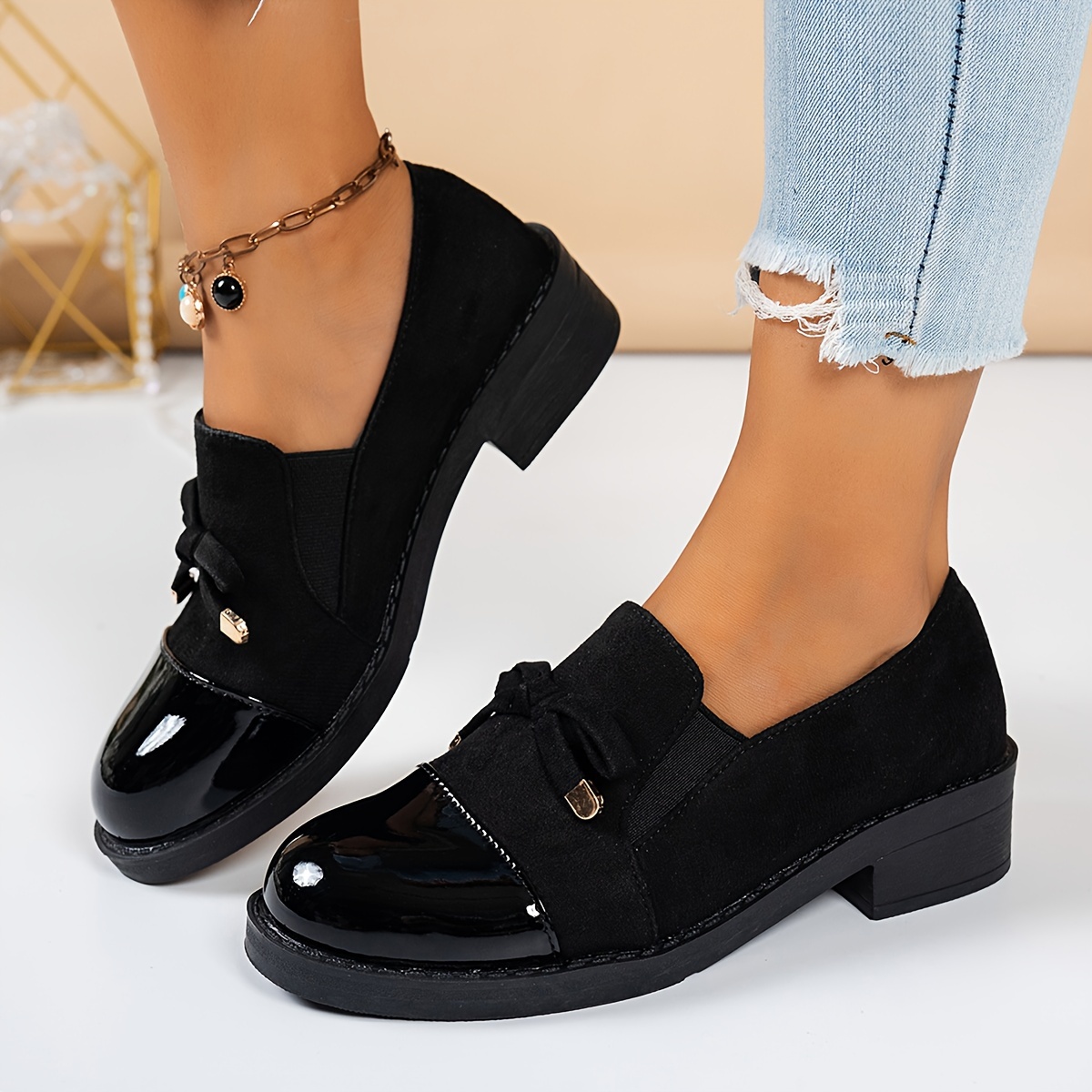 1 pair womens classic penny loafers comfortable slip on   shoes with rubber sole fabric lining and insole   upper round toe solid color bowknot detail for   details 1