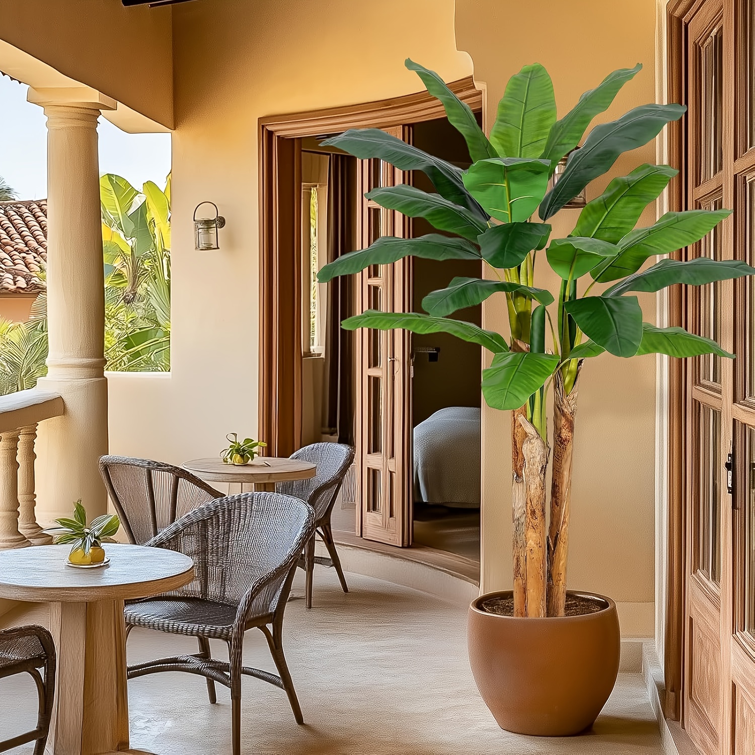 Kunstmatige Banaanboom, 180cm Nep Banaanboom met Grijze Plantenbak