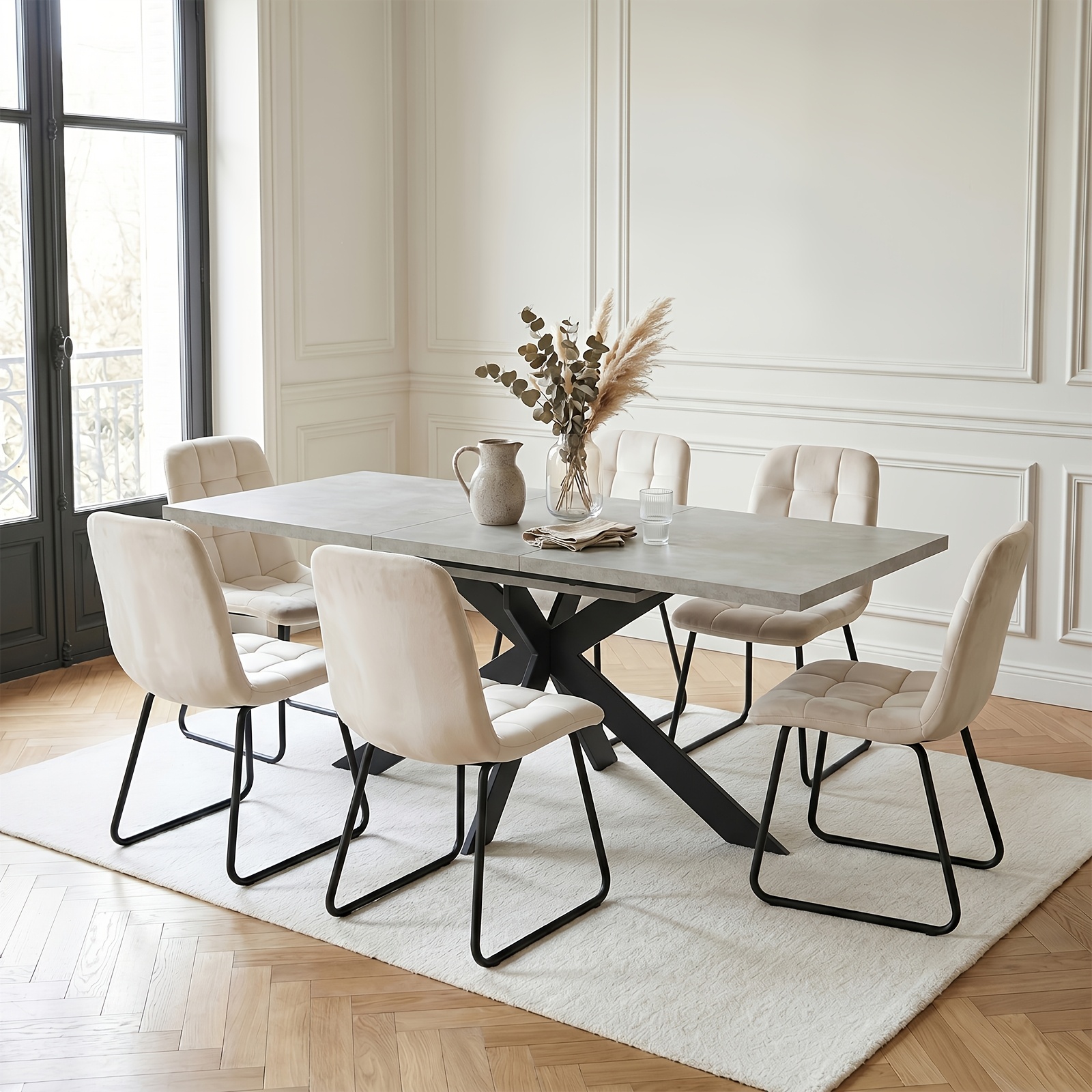 Extendable Dining Table And Chair Set 6/4pcs, 130-170cm Expandable Mdf Tabletop , Flannel Upholstered Dining Chairs, Soft And Skin-friendly