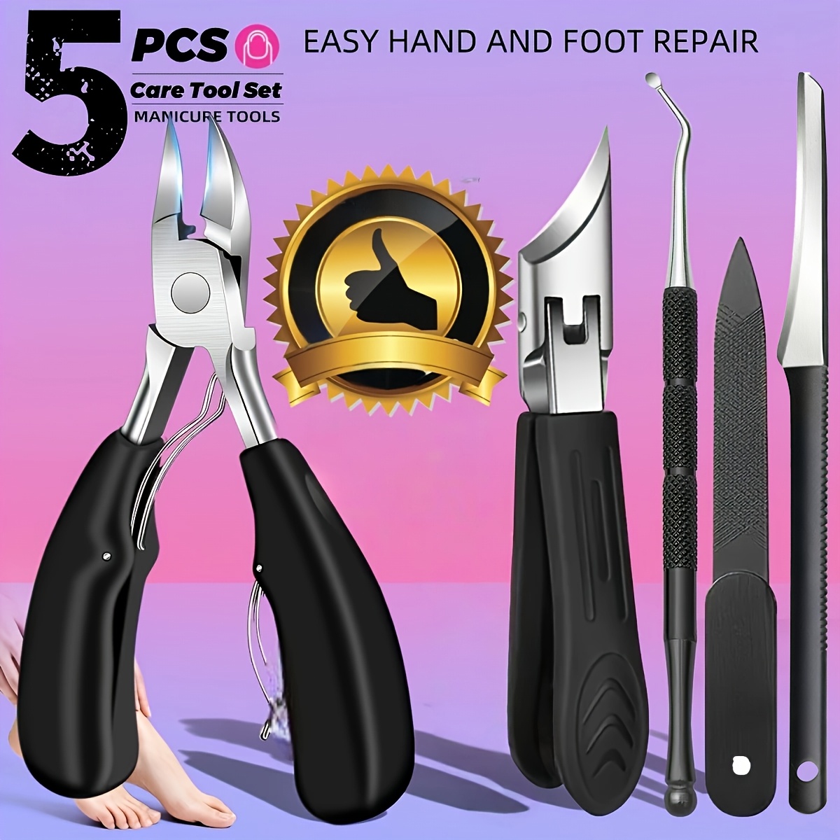 heavy duty professional nail and pedicure tool set 5pcs made of full stainless steel   nail clippers cuticle pusher cuticle scissors and other complete tools durable and   resistant   and   handles thick nails