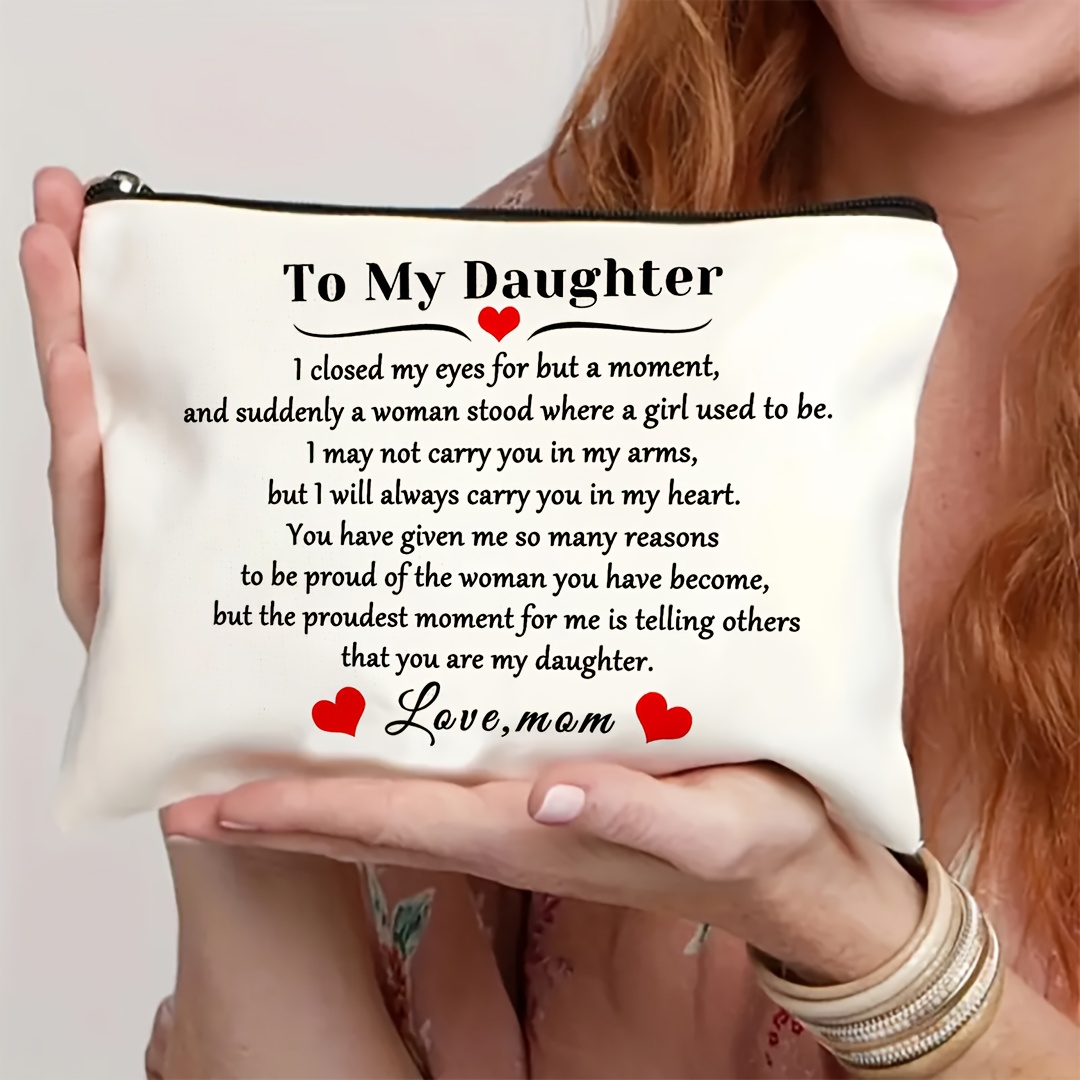 TEMU 1pc Inspirational Makeup Bag For Women - "to My Daughter" Message Cosmetic Organizer, Beige Travel Toiletry Pouch With Zipper Closure, Portable