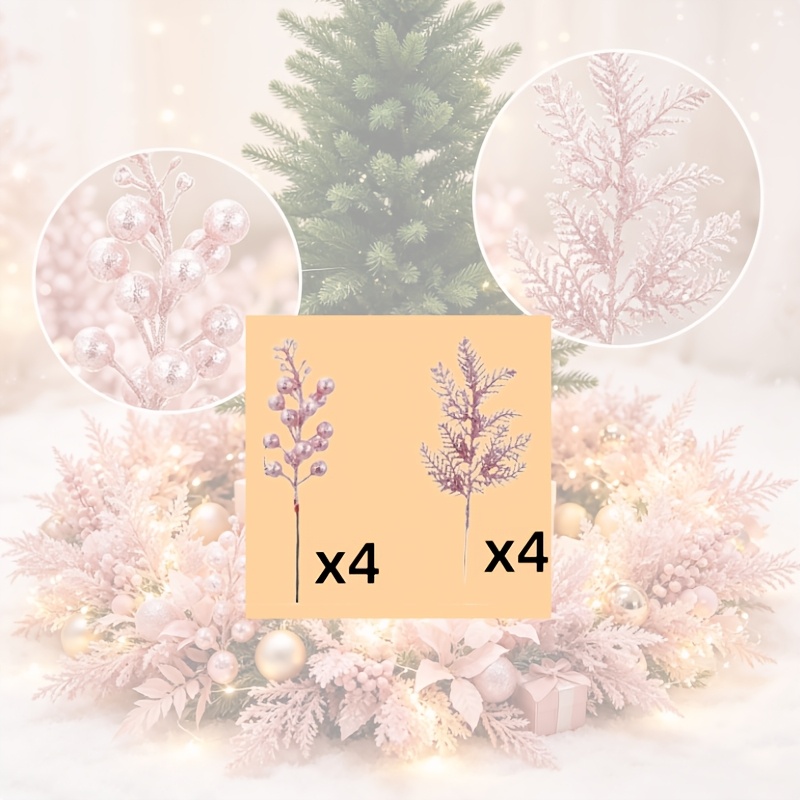 TEMU 8pcs Mixed Pack Of Artificial Pink Pine Needles - With Shiny Berry Stems - Glittering Surface - Delicate Christmas Branches - For Diy Holiday