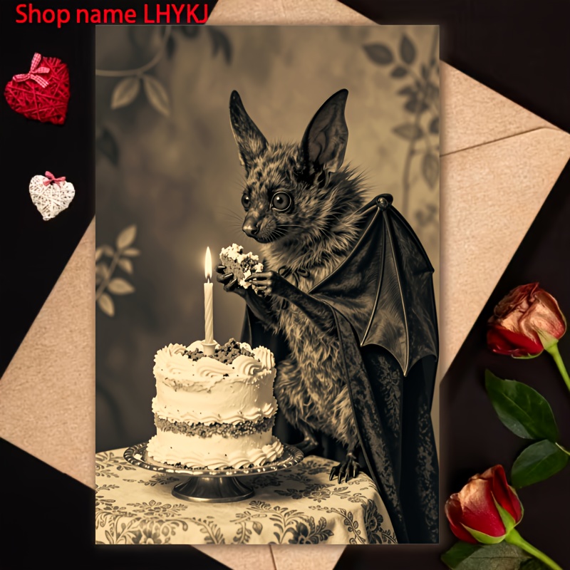 E-shop ., eine wunderschöne Geburtstagskarte mit einer sepiafarbenen Fotografie verspielten Fledermäusen mit übergroßen Ohren und Flügeln, die ein