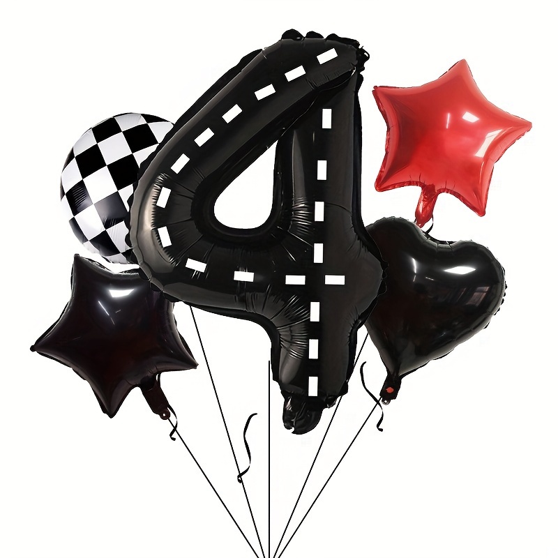 Race Car Themed Birthday Balloons Featuring Black And , As Well As Black Hearts. This Set Includes 5 Mylar Balloons In Of Numbers 0-9, Measuring 40 Inches, Perfect For A Fast- Birthday Celebration