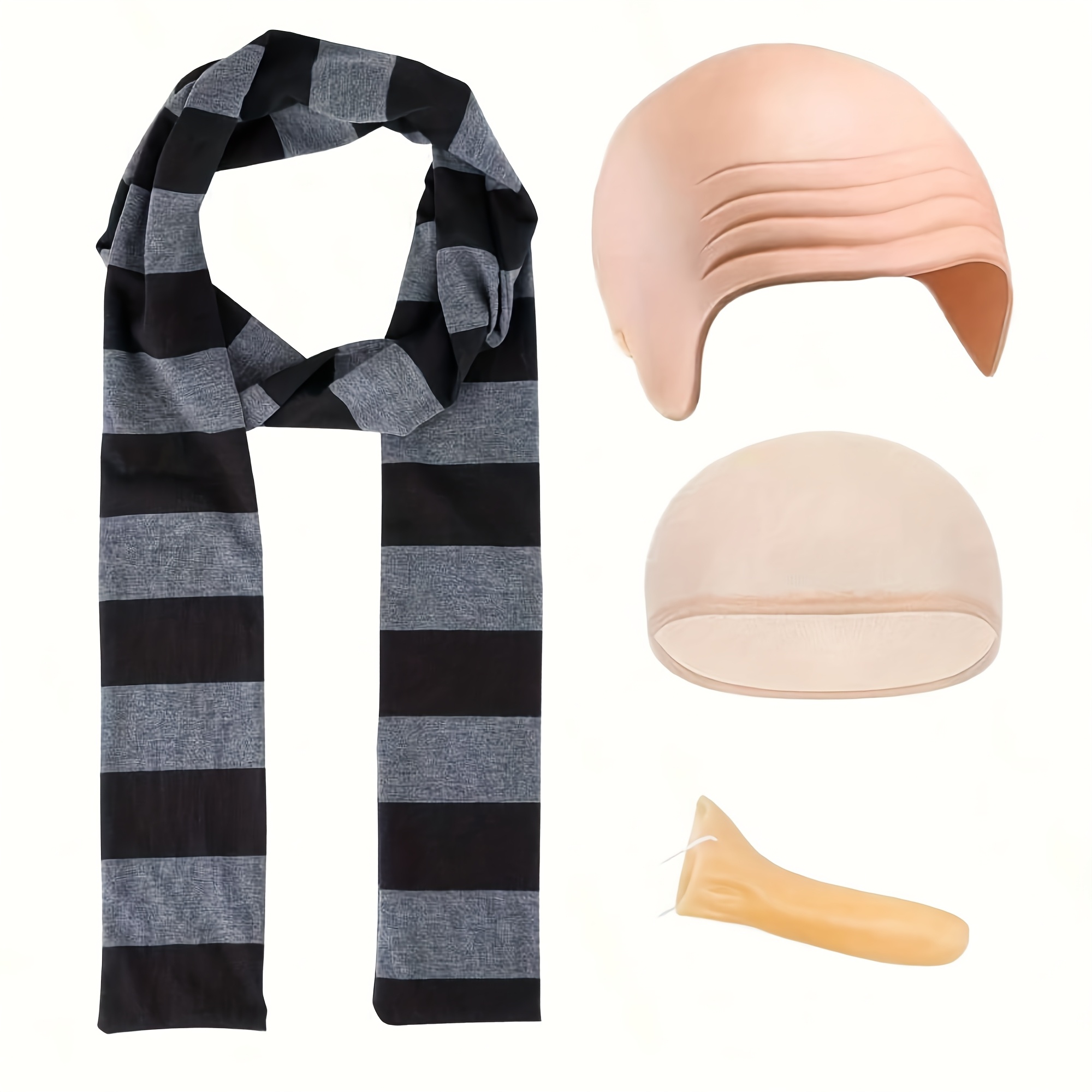 TEMU 4pcs Adult Costume Additions Set Including A Black And Gray Striped Scarf, Fake Nose, And Bald For Halloween Parties And Carnival Celebrations