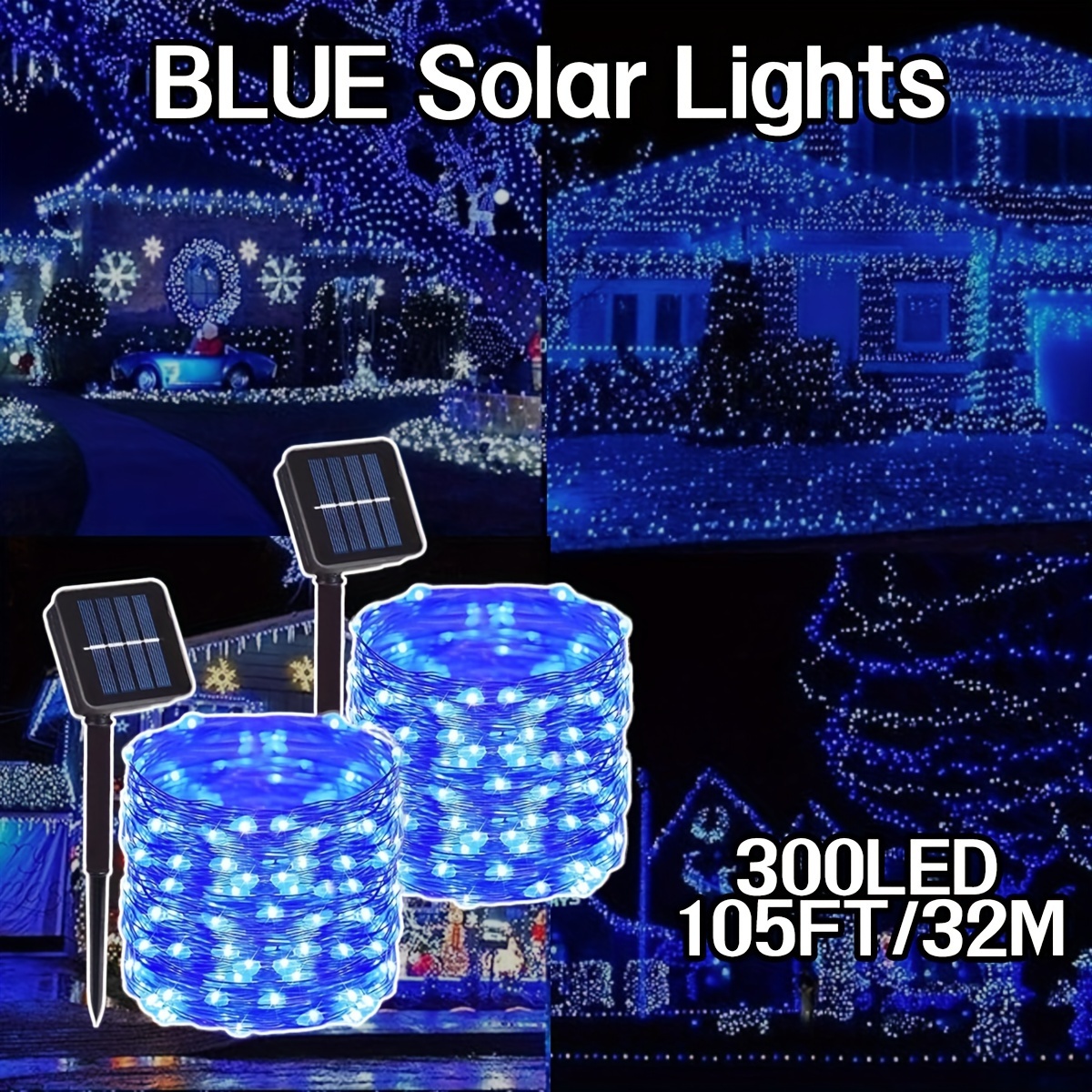 

110ft 300leds Solar Led Light Blue Outdoor Festoon Lamp Garden Fairy Lights String Waterproof Ip65 Christmas Garland Yard Decoration 23ft 50leds