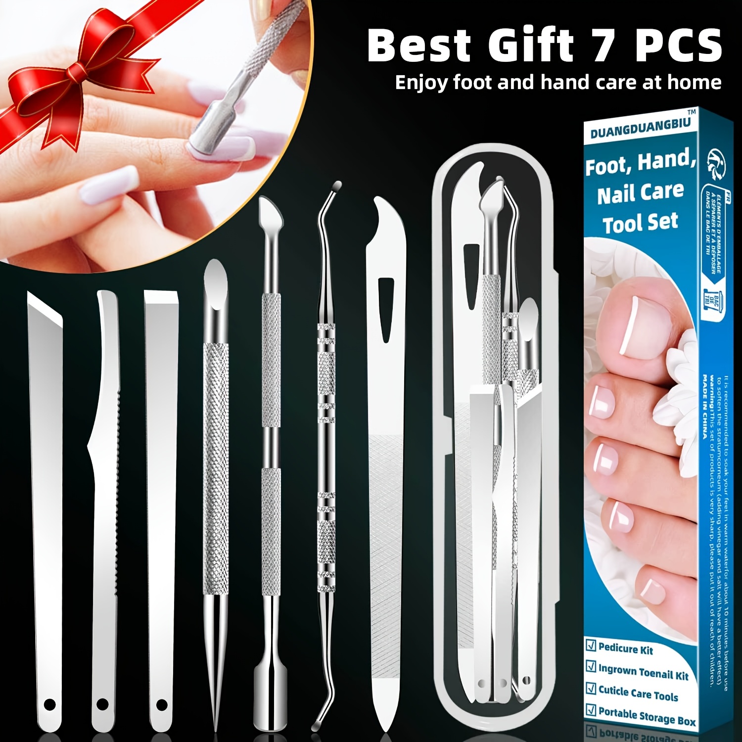 Image of 7pcs Stainless Steel Manicure & Pedicure Kit - Cuticle & Ingrown Toenail Removal Tools, Duangduangbiu, Nail Care Set, Christmas Gift