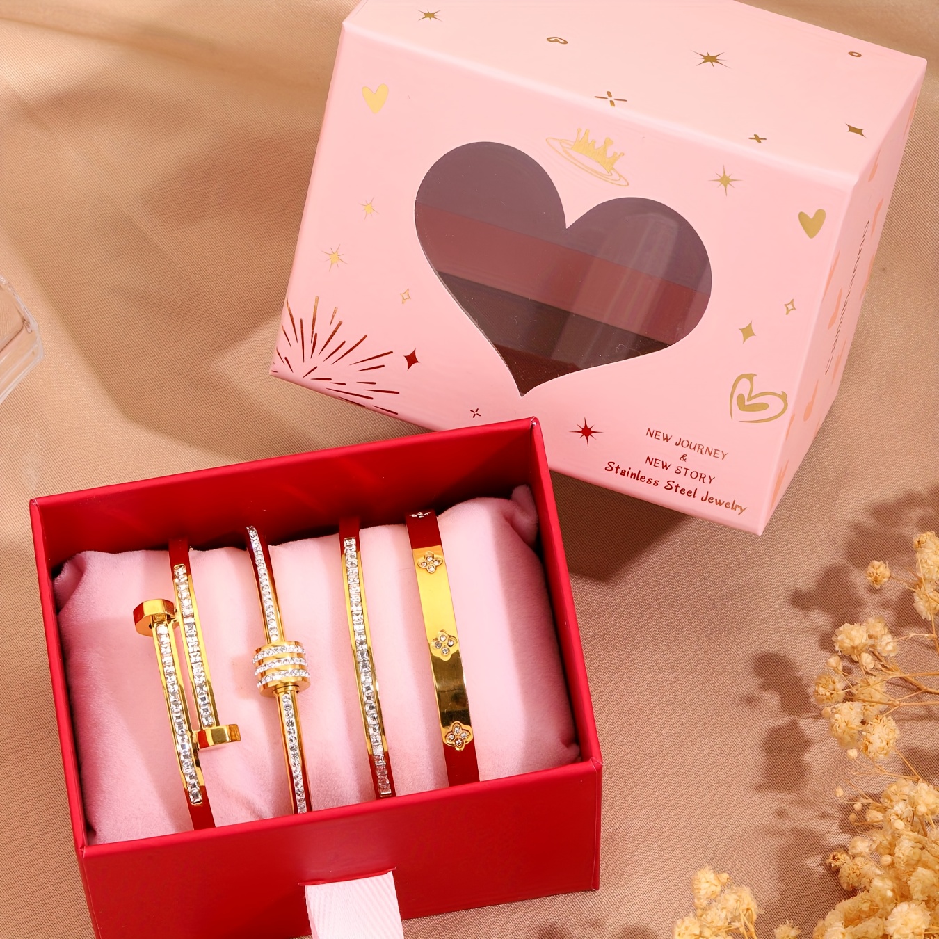 Image of Fashion Accessories Premium Gift Box Jewelry Set, Stainless Steel Gold-plated Stackable Bracelets For Women, For Gifting, A Loving And Present