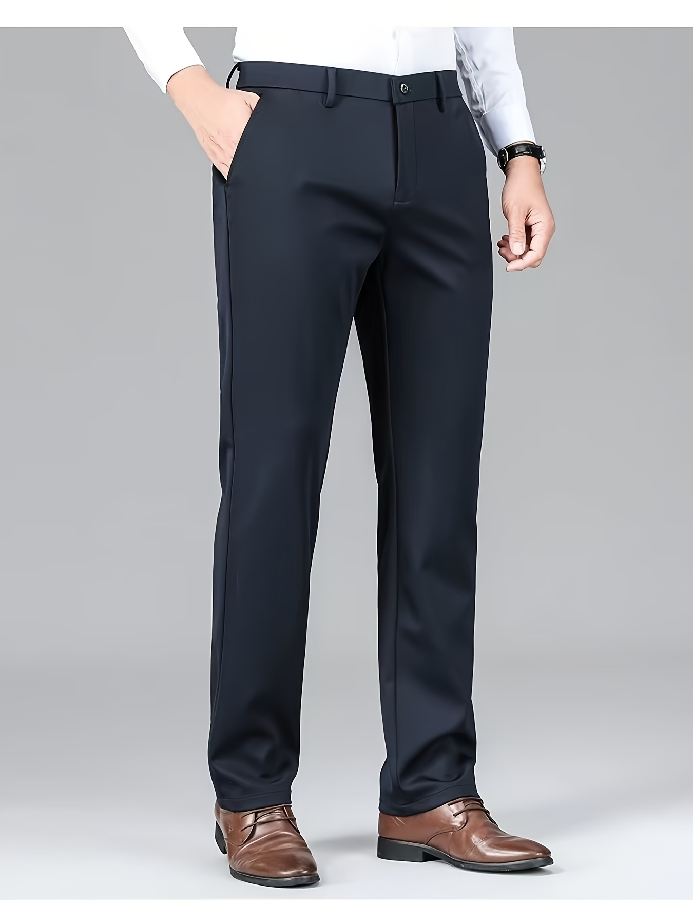 Men's High Elasticity Wrinkle-Resistant Straight-Leg Dress Pants - All-Season Machine Washable Business Casual Trousers with Crown & Dahlia Design, High Waist, Button & Zipper Closure, Professional Wear, Classic Style, Quality Craftsmanship, Stylish Men