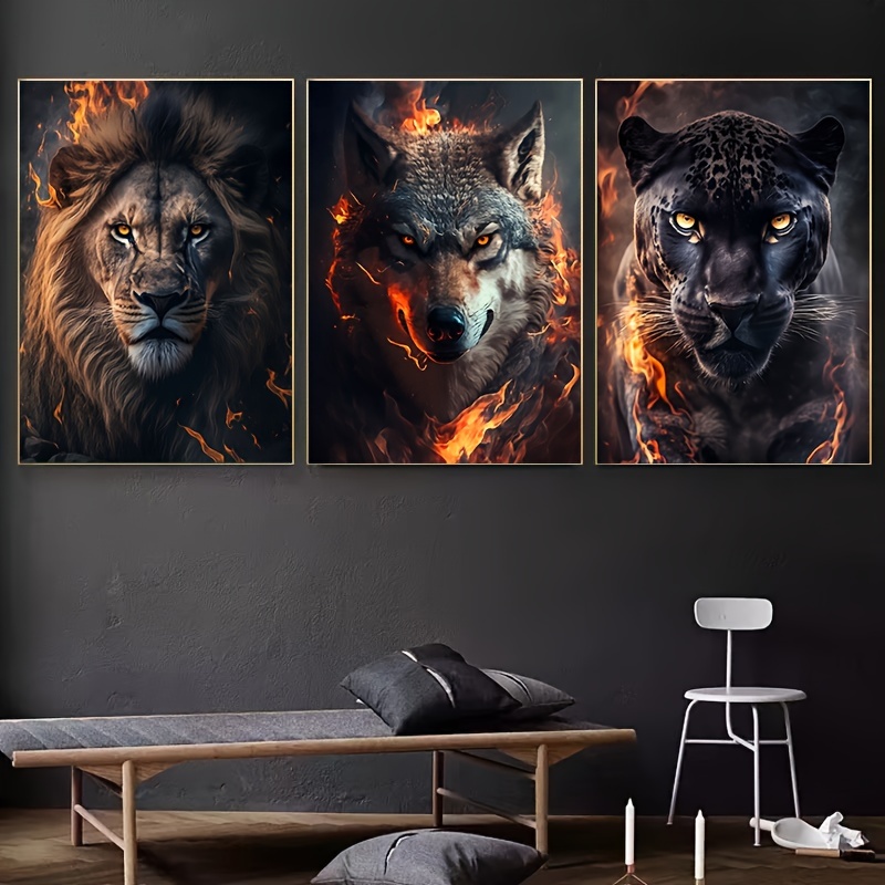 

Set Of 3 Animal Canvas Wall Art Posters With Fire Effect - Frameless 15.7x23.6 Inch Lion, Wolf, And Portraits - Vintage-inspired Wild Animal Paintings For Living Room Decor, Indoor Canvas Artwork