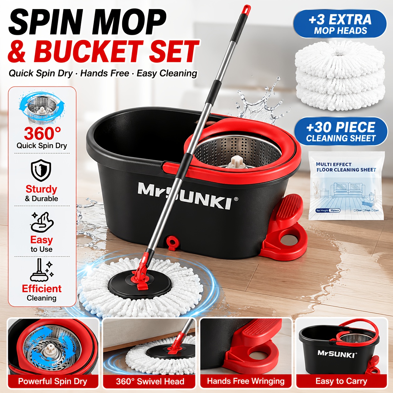 TEMU 360 Degree Spin Mop Bucket Cleaning Set, Rotating Mop With 3pcs Absorbent Microfiber Replacement Heads, 59 Inch Adjustable Stainless Steel Pole