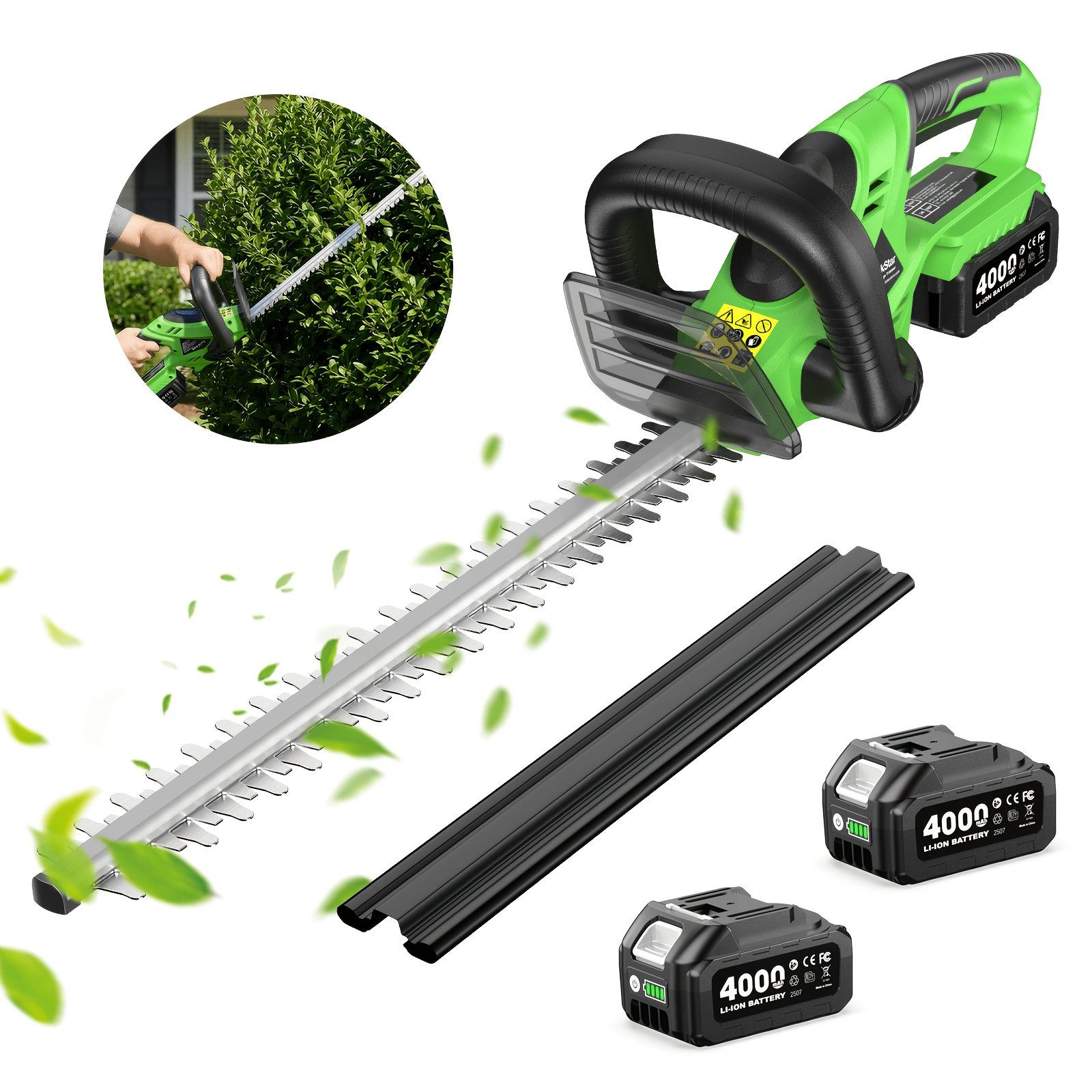 Image of Taskstar 22' Hedge Trimmer Cordless: Electric Handheld Shrub & Bush Trimmer With 2 Pack 4.0ah/2.0ah Rechargeable Batteries, Blade, Lightweight Trimming Hedge Cutter For Garden Yard