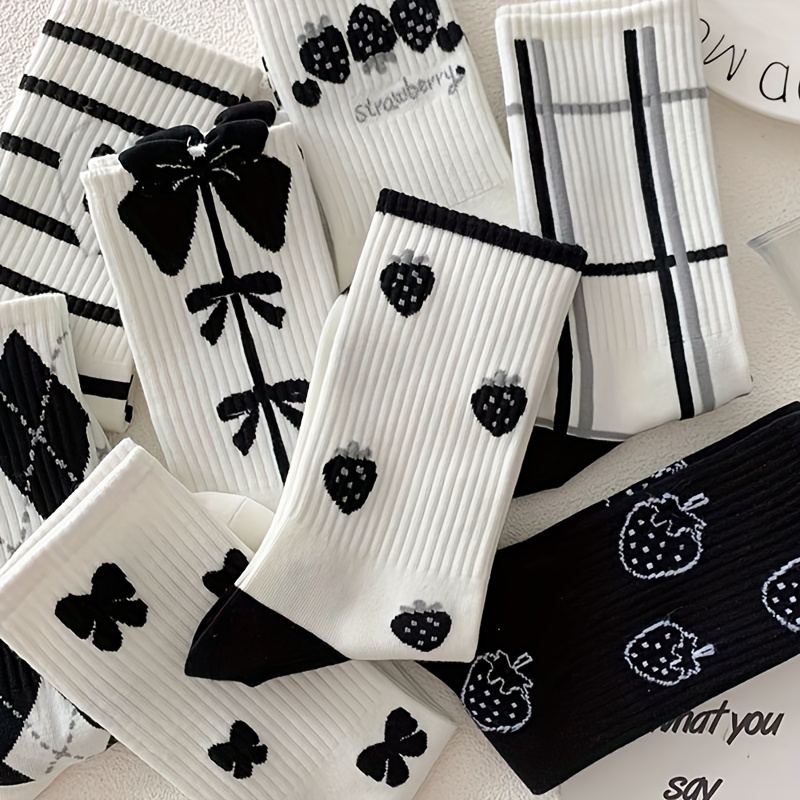 TEMU 5 Pairs Black & White Mid-length Socks - Striped & Strawberry/ Print, Breathable Unisex , Machine Washable For Sports & Casual Wear, Socks |