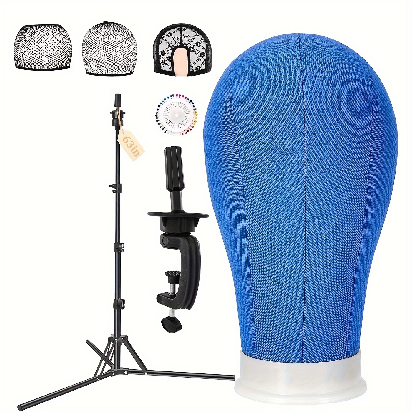 Canvas Wig Head Set 22 Inch Wig Stand Tripod with Mannequin Head Canvas Block Head Wig Stand Set with Wig Caps Table Clamp Perfect for DIY Wig Making and Styling Blue